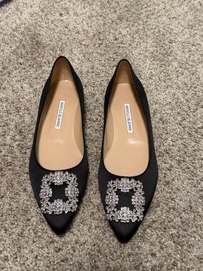 Manolo Blahnik Hangisi Black Satin Pointed Toe Flats with Crystal Buckle